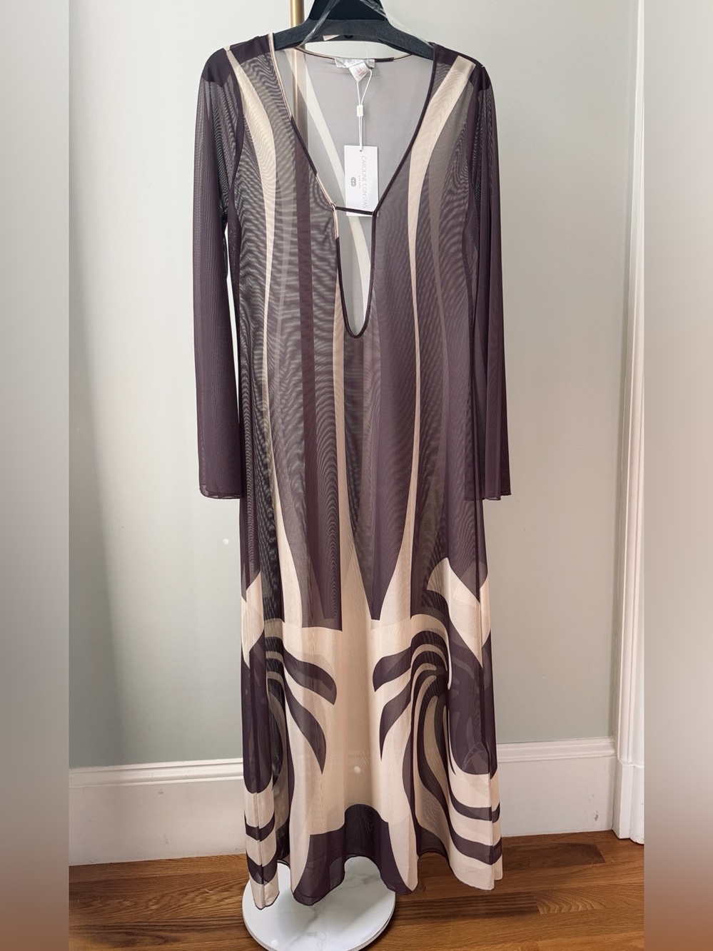 Caroline Constas Sheer V-Neck Maxi Dress in Brown and Cream Size M